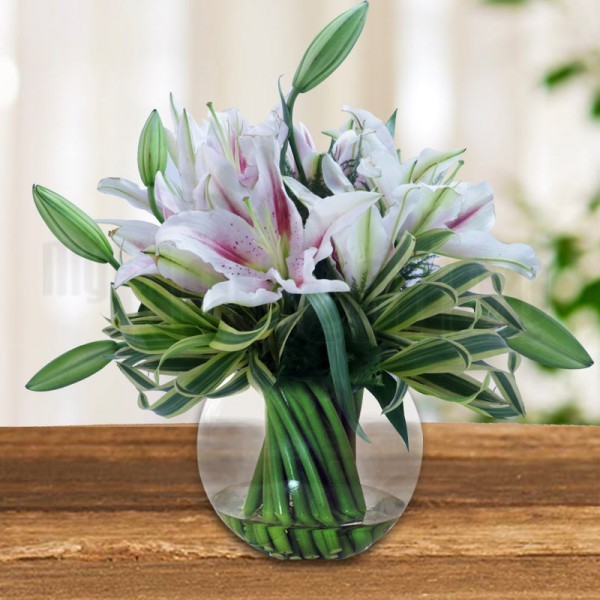 6 Pink Oriental Lilies Glass Vase